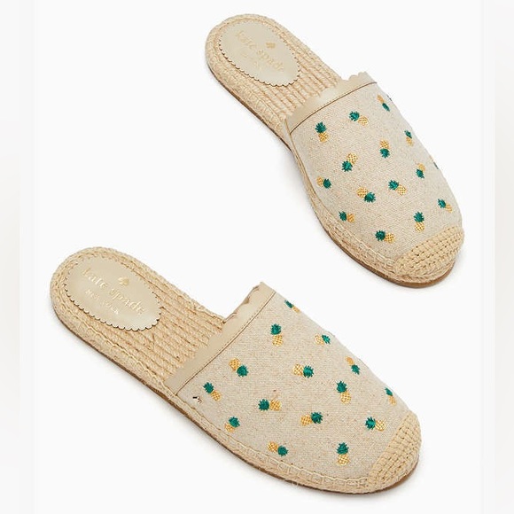 ♠️kate spade Rosie Pineapple Embroidered Canvas Flat Mules Slide NIB - Picture 1 of 8